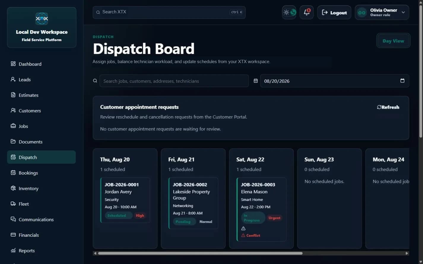 XTX Dispatch Board showing three demo jobs arranged across a weekly service schedule.